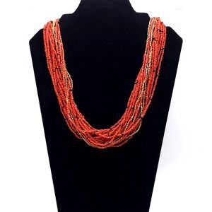 Orange Multi Strand Seed Bead Necklace Black Gold Statement Boho
